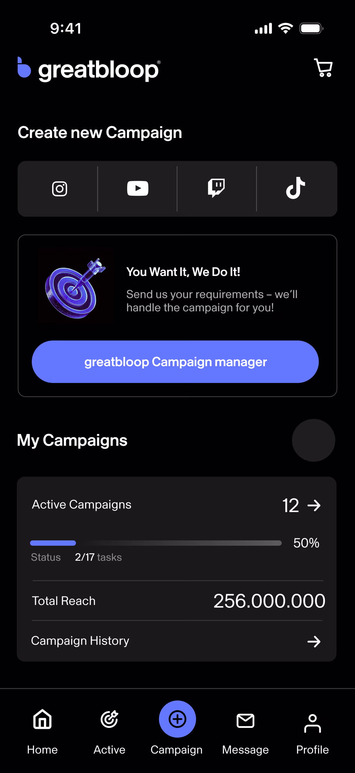 Bloop app screenshot showing campaign details and creator profiles