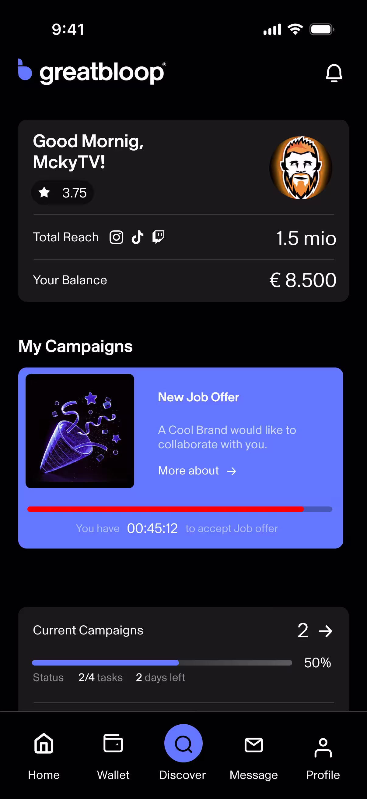 Bloop app screenshot of influencer registration and profile setup